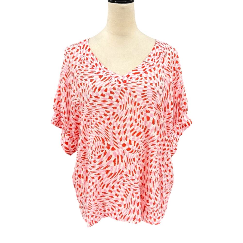 Ivy Jane M/L Pink Orange Confetti Print Oversized Drape Relaxed Popover Top